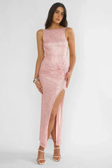Zaretha Backless Split Maxi Dress Sequin Pink