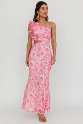 Deanna One-Shoulder Ruffle Midi Dress Floral Pink