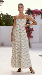 Nicole Spaghetti Strap Maxi Dress - Beige/Black Polka Dot