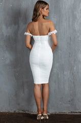 Senorita Off-Shoulder Lettuce Edge Ruched Knee Length Dress White