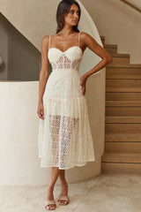 Daytona Lace Overlay Padded Bust Midi Dress Beige